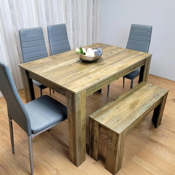 Kosy Koala Wooden Dining Table Set for 6 Rustic Effect Table With 4 Grey Leather Chairs and 1 Bench