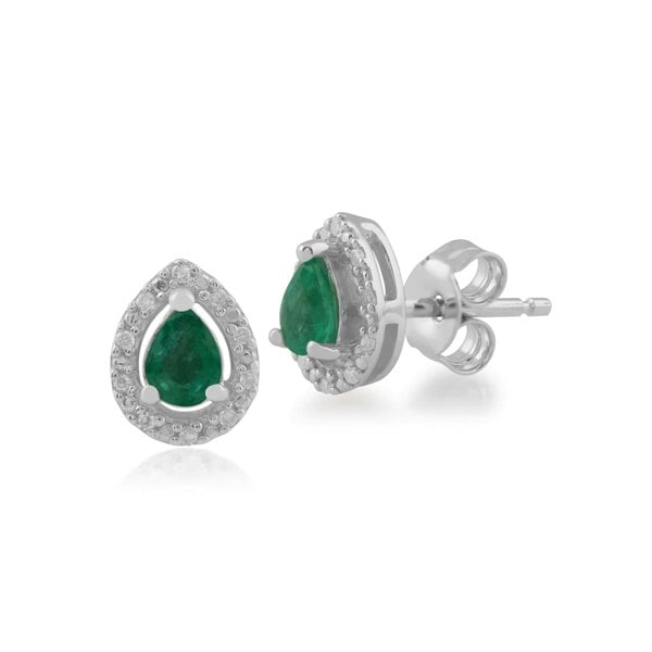 Classic Pear Emerald & Diamond Halo Stud Earrings in 9ct White Gold - Gemondo