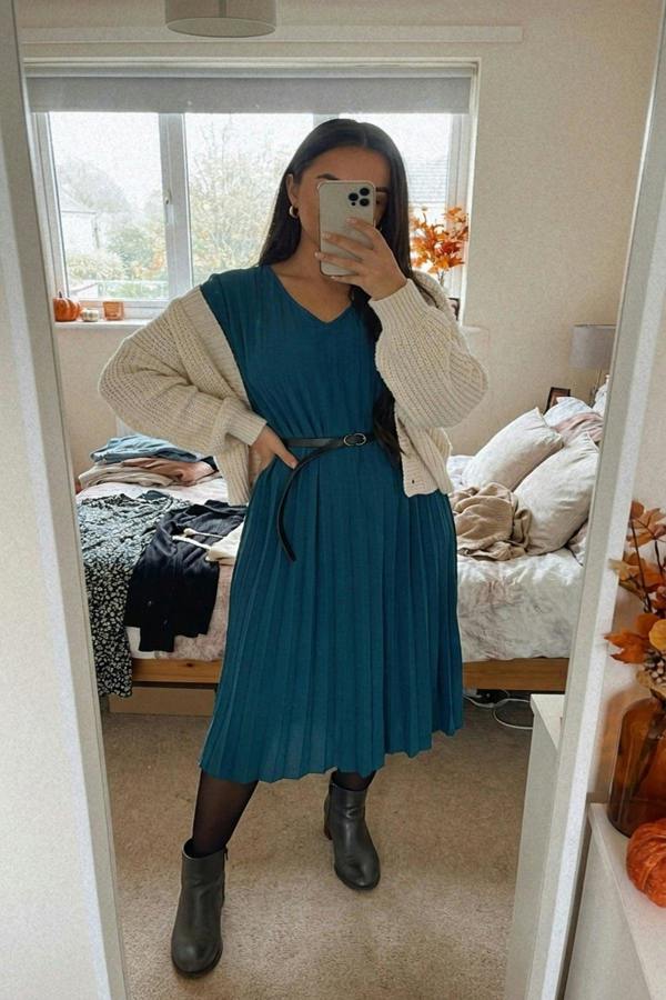 Elidi Short Sleeve Pleated Midi Dress With Waist Belt - Petrol