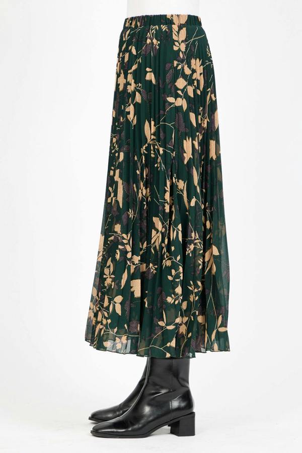 Mudflower Leaf Print Pleated Skirt