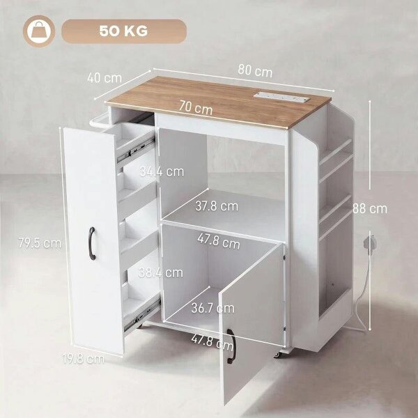 Kitchen Trolley on Wheels, Rolling Kitchen Island Cart with Power Outlet, Cabinet, Pull-Out Drawer, White