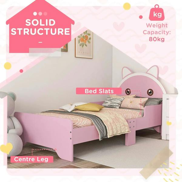 Pink kids bed frame with cat headboard, side guardrails, and slatted support.