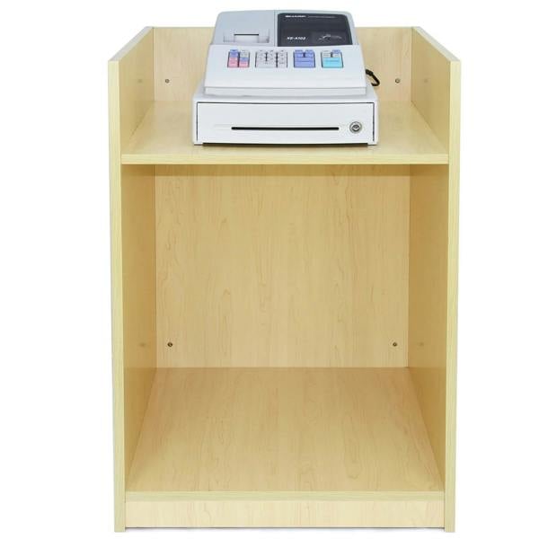 Comet Counter Set features a sleek, light wood finish with a spacious top shelf for cash registers and an open bottom shelf for storage