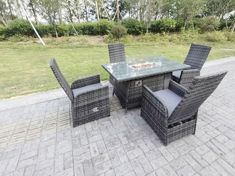 Fimous Rattan Outdoor Garden Furniture Gas Fire Pit Dining Table Gas Heater Burner Reclining Table And Chair Sets 4 Seater Plus Rectangular Table