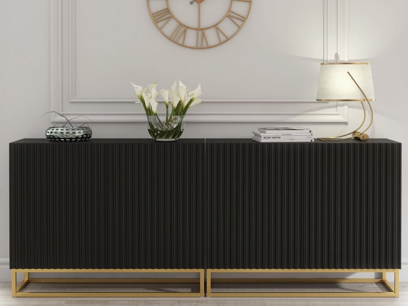 Mex Furniture Sophisticated Black Sideboard with Fluted Fronts & Gold Legs – 200cm Storage Unit
