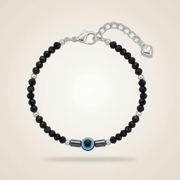 The Colourful Aura Black Beaded Evil eye Kids Nazar Bracelet in Silver