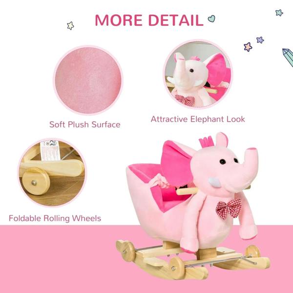 Pink plush elephant rocking toy with foldable rolling wheels and bow