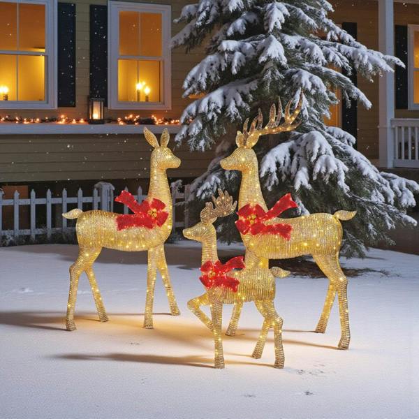 Garden Greatness Set Of 3 LED Bow Christmas Deer Family