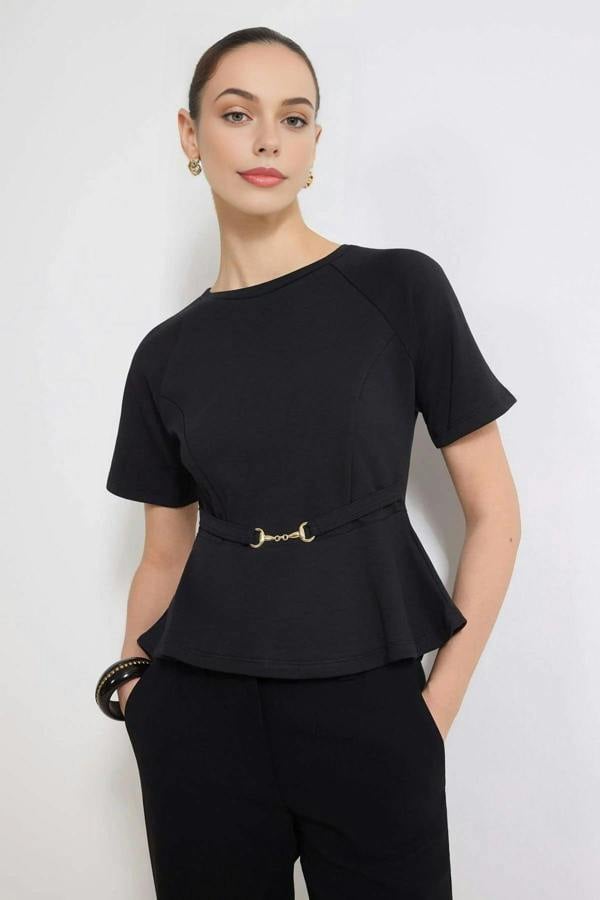 WOVCOR Peplum Raglan Sleeve Knitted Blouse with Accessory Detail