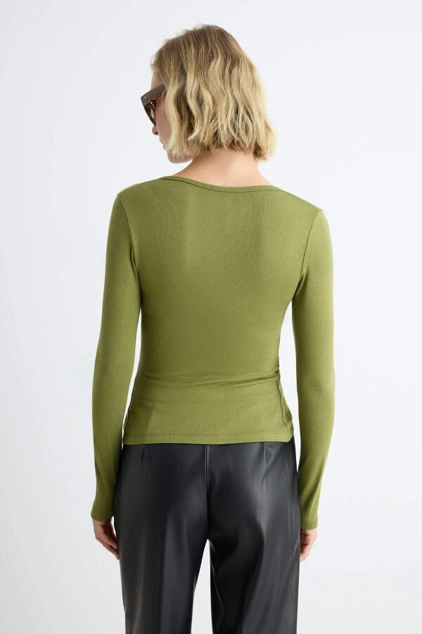 WOVCOR Fitted V Neck Button Front Long Sleeve Blouse