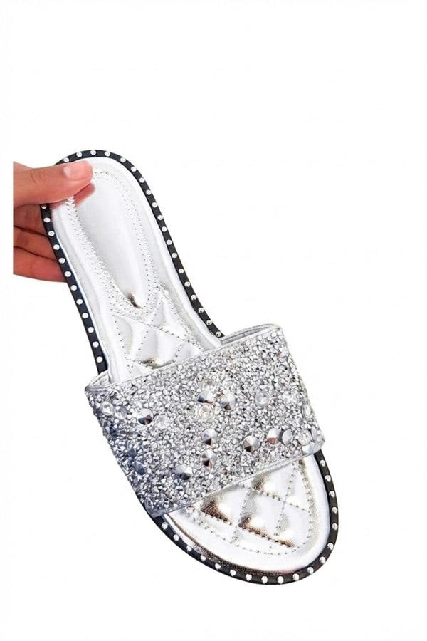 Sofie Embellished Slip On Sandals - Silver_wb