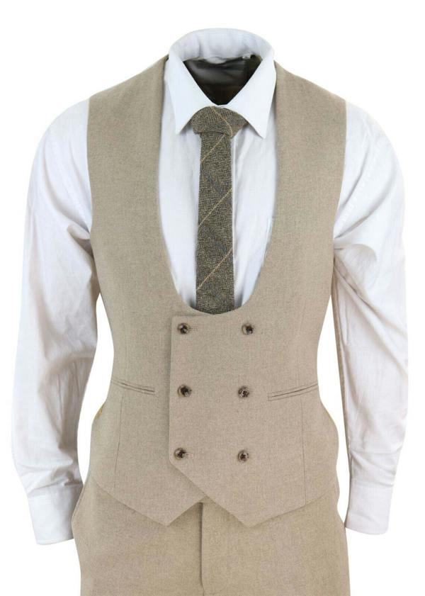 TruClothing Mens Tweed 3 Piece Beige Formal Wedding Suit