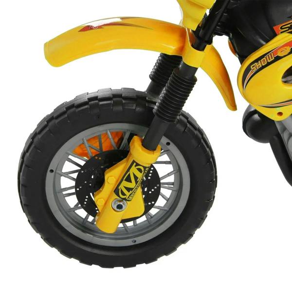 Close-up of yellow front wheel and disc brake on kids electric ride-on motorcycle