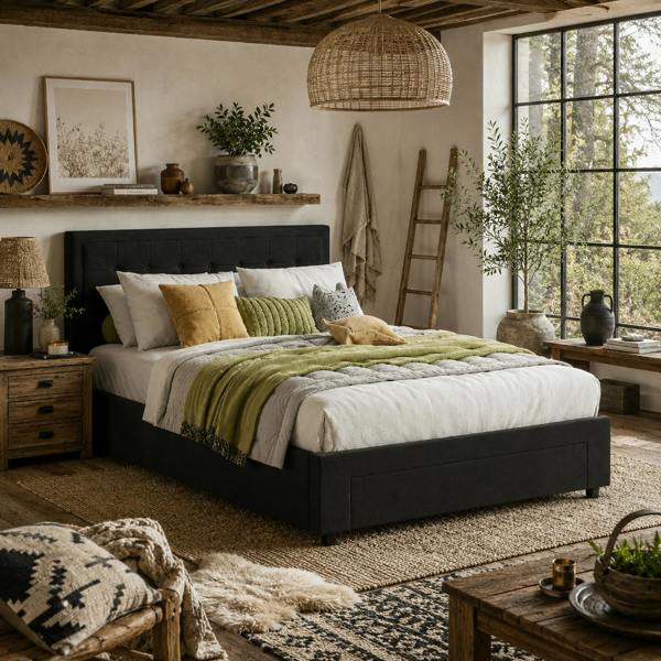 Wyld Haus Mora 4FT6 Double Ottoman Bed Frame with Front Divan Drawer Storage Black