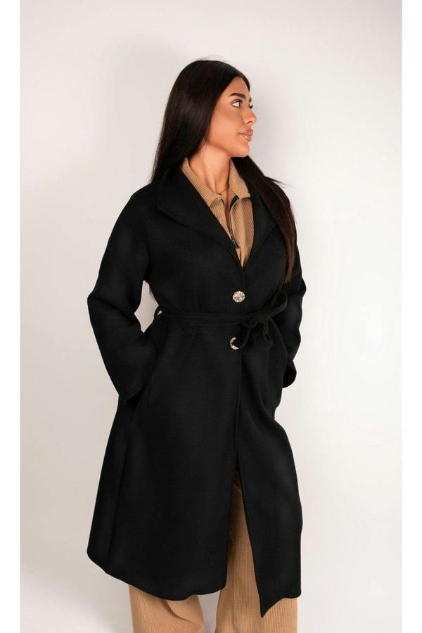 Marelle Belted Longline Coat With Button Detail - Black