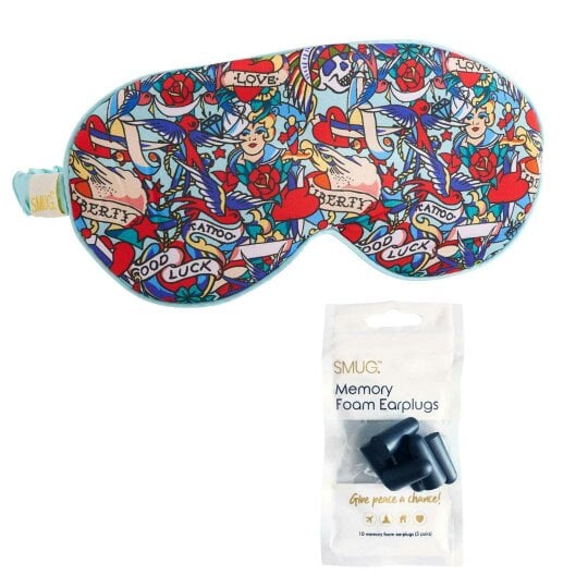 SMUG Satin Sleep Mask - Tattoo Print - Sleep Mask & Black Earplugs