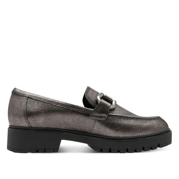 Tamaris Womens Pewter Silver Leather Loafers Slip-On Platform Shoes