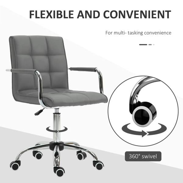 Grey office chair with mid-back and armrests; 360-degree swivel and rolling caster wheels