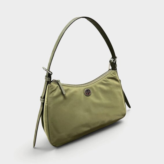 Tory Burch Nylon Zip Top Shoulder Bag Green Khaki