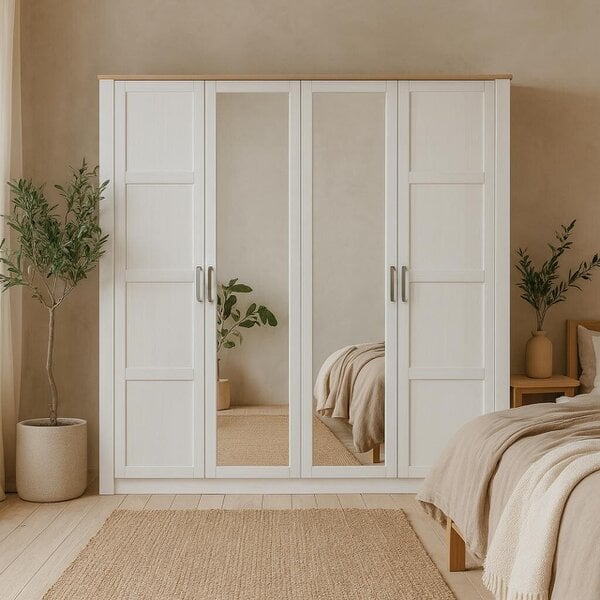 Wyld Haus Geneva White Oak 4 Door Wardrobe with Mirrors Hanging Rails and Shelves