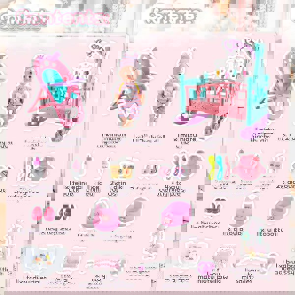 deAO Toys My First Baby Doll 15 Pieces Play Set with Miniature Crib Mobile High Chair Baby Doll Kids Toys