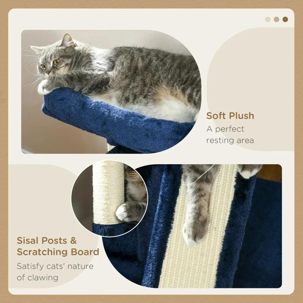 Navy blue plush cat resting perch with sisal post and scratching board