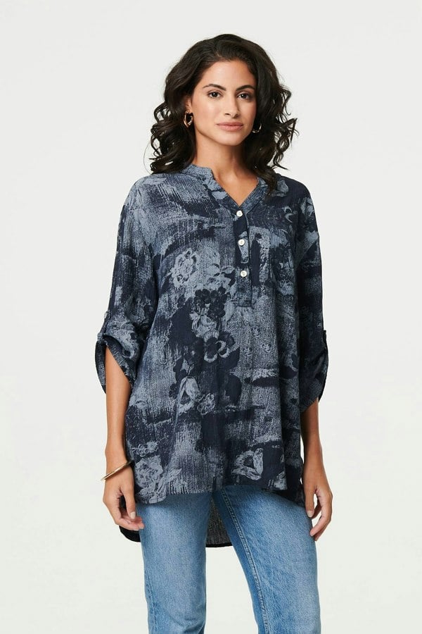 Navy | Floral 3/4 Sleeve Relaxed Blouse
