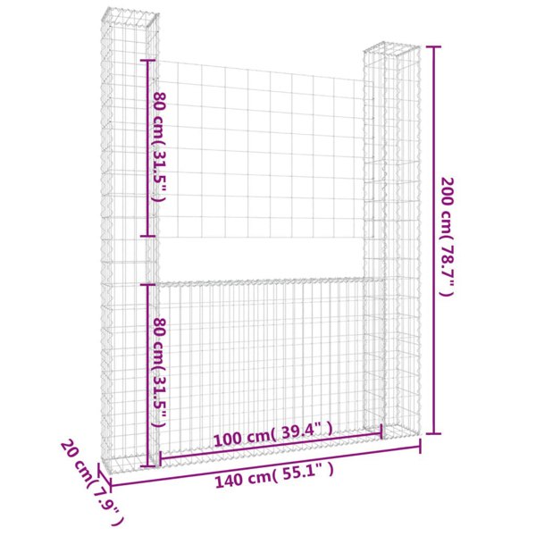 Berkfield U-shape Gabion Basket with 2 Posts Iron 140x20x200 cm