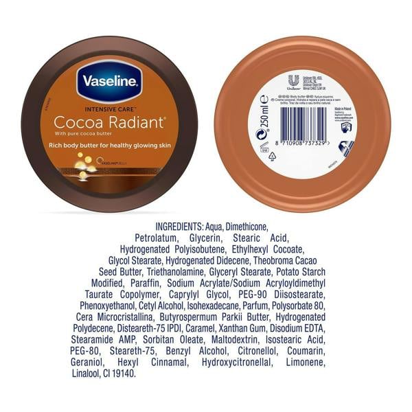Vaseline Cocoa Radiant Moisture Rich Body Butter 250ml Intense Hydration, 6pk