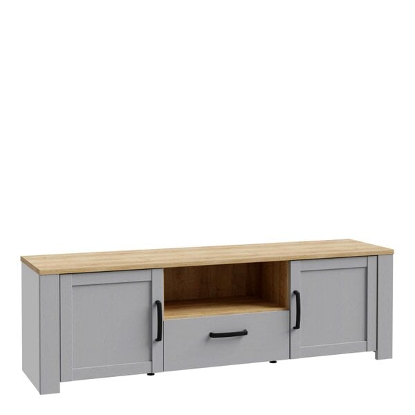 Wyld Haus Bramblecroft Grey and Natural Oak Wood TV Unit 2 Door 1 Drawer