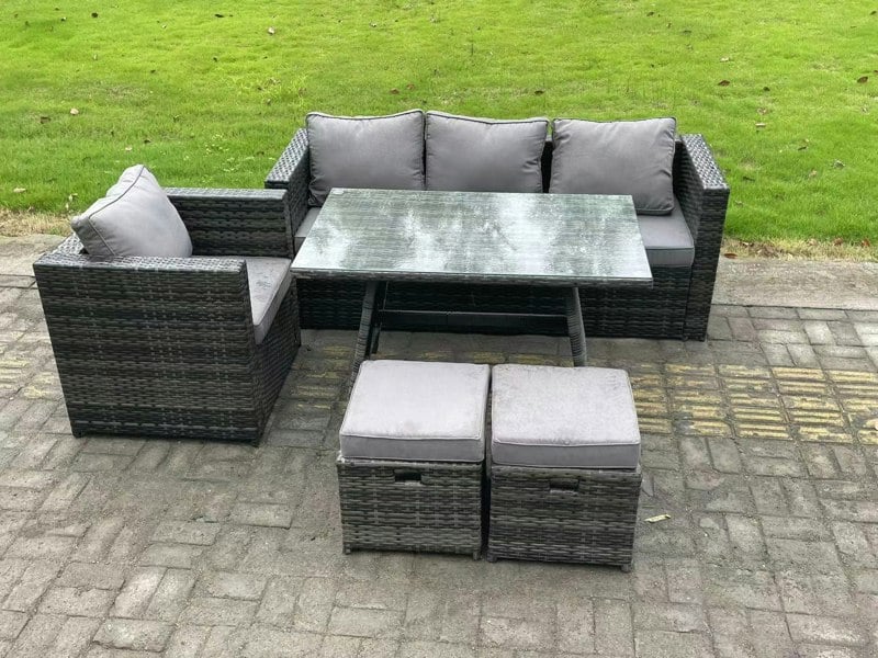 Fimous PE Rattan Outdoor Furniture Garden Dining Set with Oblong Dining Table Armchair 2 Small Footstools Dark Grey Mixed