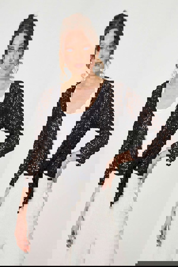 Black | Crochet Open Knit Waterfall Cardigan
