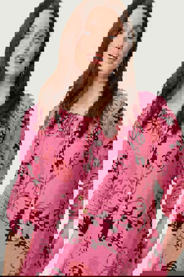 Fuschia | Abstract Floral Ruched Bardot Top Blouse