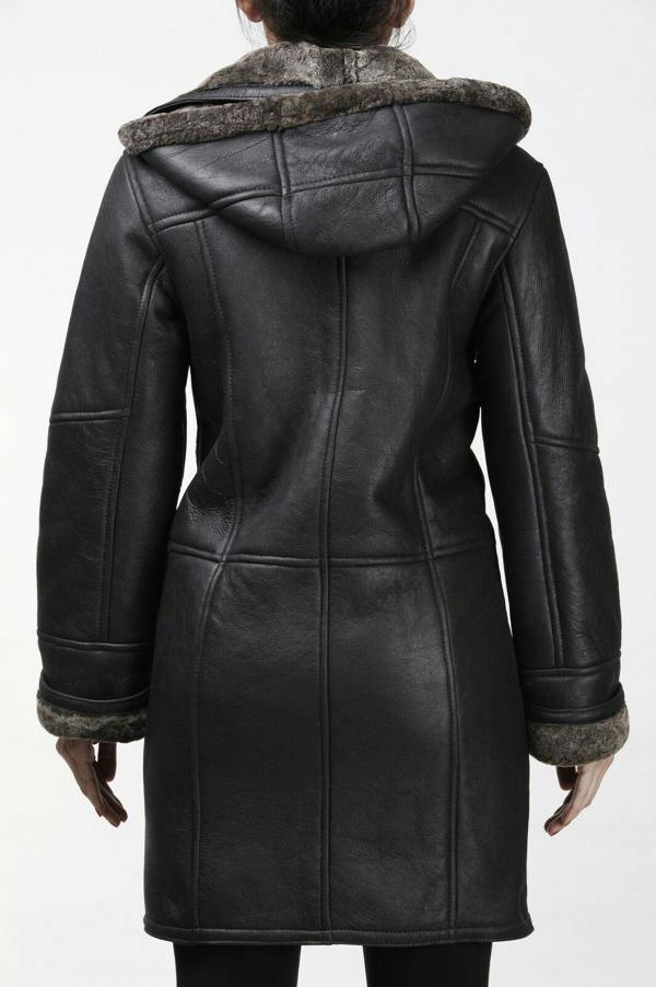 Infinity Leather Womens Black Shearling Hooded Duffle Coat-Lille