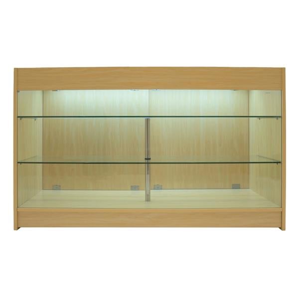 Maple Helios LED shop counter set with glass shelves, featuring a sleek design and soft lighting for product display