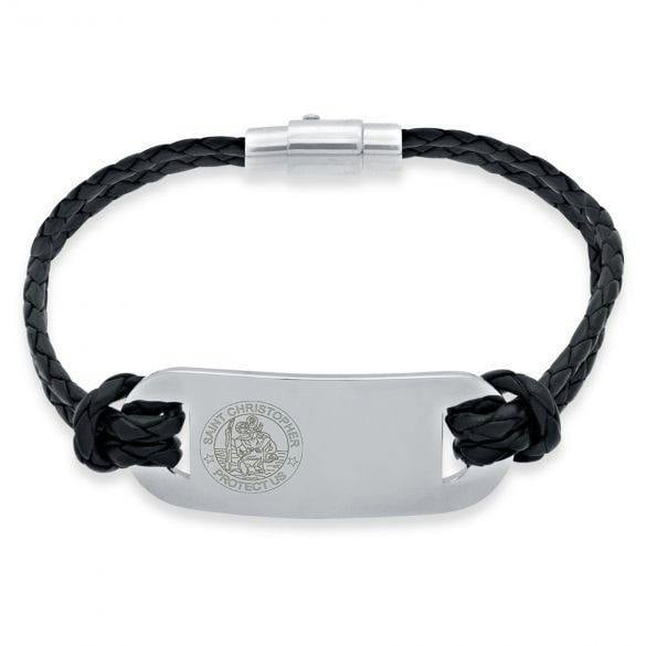 Christopher James of London Mens Leather and Stainless Steel St Christopher Bracelet