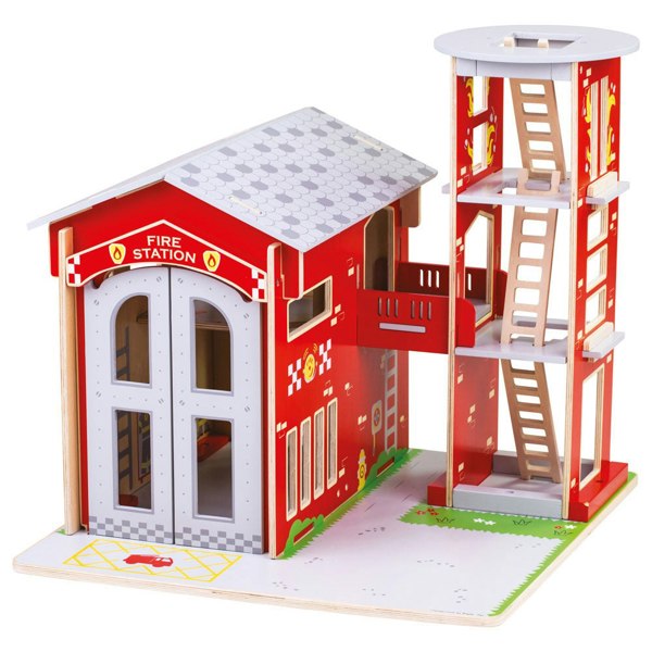 Bigjigs Toys Wooden City Fire Station Playset - Features A Training Tower & More