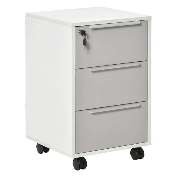 Grey and white three-drawer locking filing cabinet with key lock and metal drawer pulls