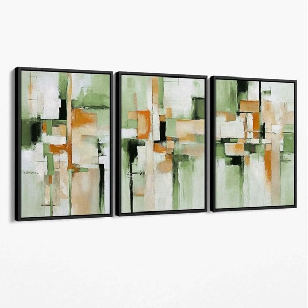 Artze Wall Art Abstract Sage Green and Orange Set of 3 Canvas Wall Art
