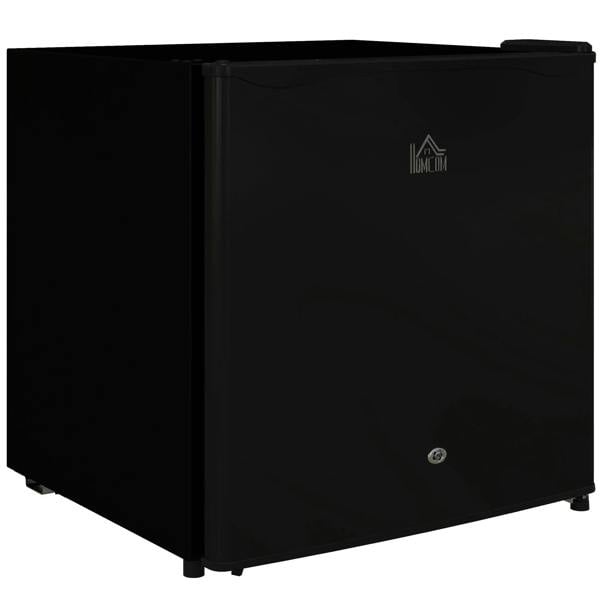 Black lockable countertop mini fridge with hinged door and feet