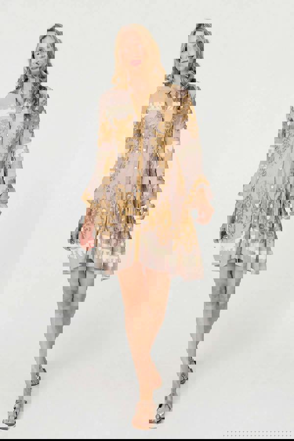 Beige | Baroque Print Long Sleeve Short Dress