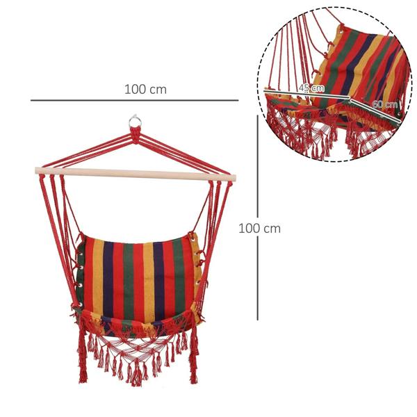 Multicolor striped hammock chair swing with red ropes, fringed seat, and wooden support bar