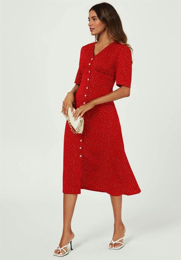 FS Collection Dot Print Button Front Midi Dress In Red