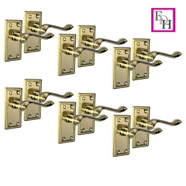 EDH Door Hardware Georgian Style Scroll Brass Finish Door Handles, Internal Door handles 6 Sets.
