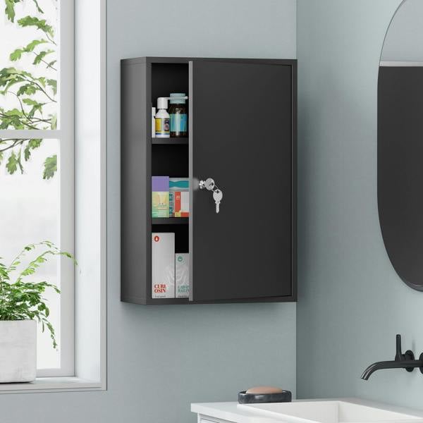 kleankin 3-Tier Steel Wall Mount Medicine Cabinet with 2 Keys, Black