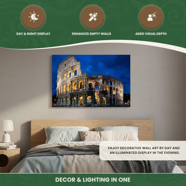 Roman Coliseum Print LED Canvas, 60 x 40 cm, Stretched Wooden Frame, 6 LED Lights in the Arches, Battery Powered with Switch