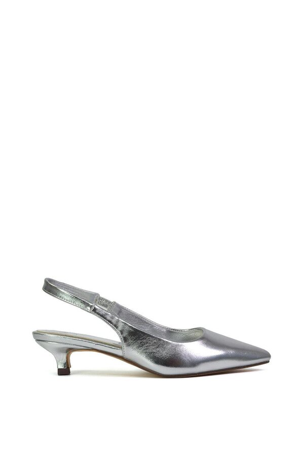 XY LONDON Pointed Toe Sling Back Kitten Heel Sandals - Silver