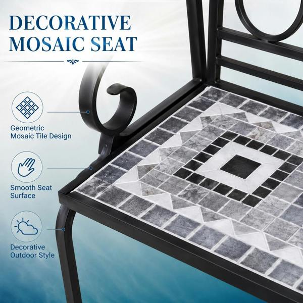 Medina Mosaic 2 Seater Garden Bench, 112cm Outdoor Patio Seat with Ceramic Tile Seat, Scrollwork Backrest & Metal Frame image 6