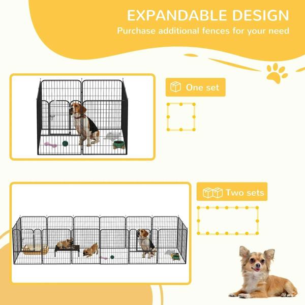 Black metal expandable puppy playpen with additional panels for larger area.