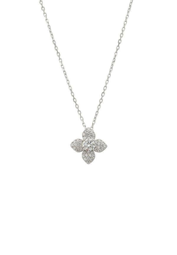 Silver necklace with a clover-shaped pendant on a white background